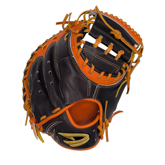 33.5" D-Quest Catcher's Mitt, RHT, Dark Brown and Orange Tan Juteru Wagyu Leather