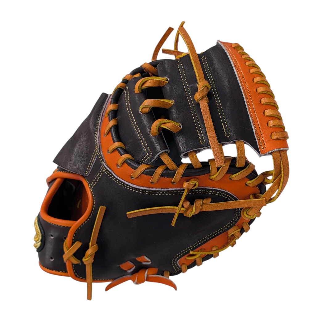 33.5" D-Quest Catcher's Mitt, RHT, Dark Brown and Orange Tan Juteru Wagyu Leather