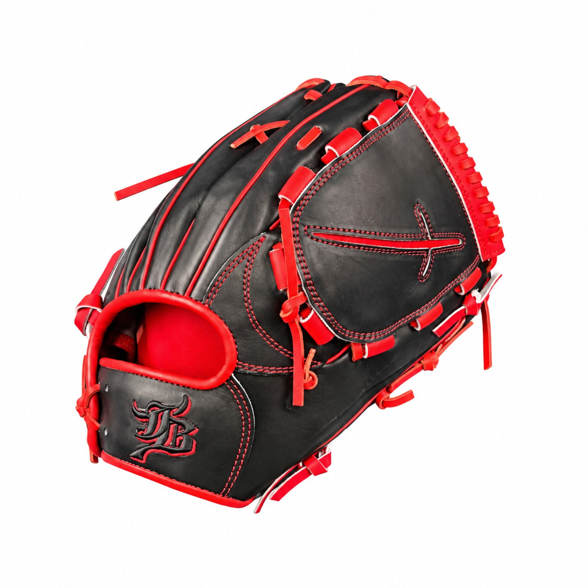 11.5 inch Wagyu JB JB-001YCSD black red pitcher glove angled view